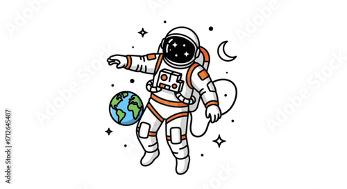 Cartoon astronaut floating in space with earth and moon, perfect for space exploration, science, and childrens themes
