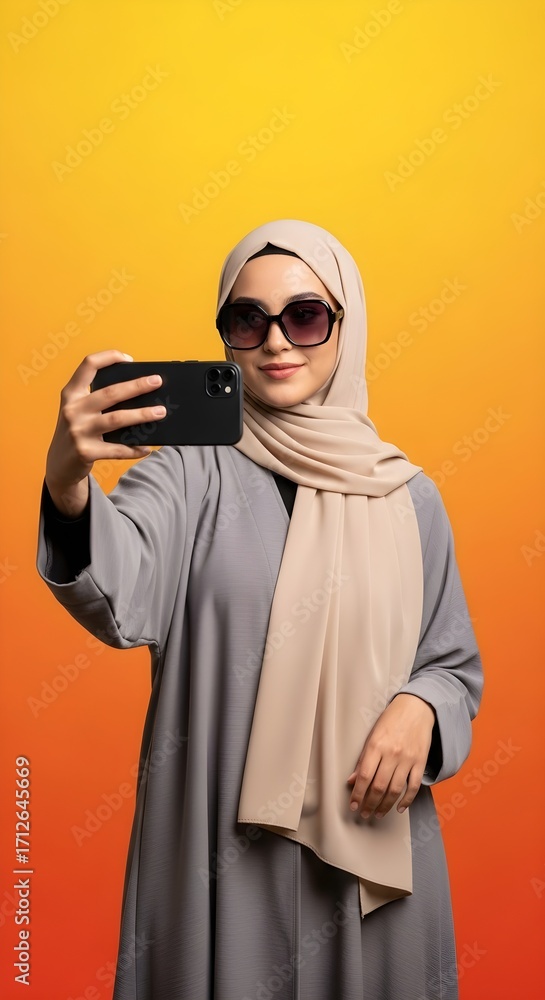 Obraz premium Fashionable woman wearing a hijab and sunglasses taking a selfie with her smartphone, isolated on a vibrant gradient background