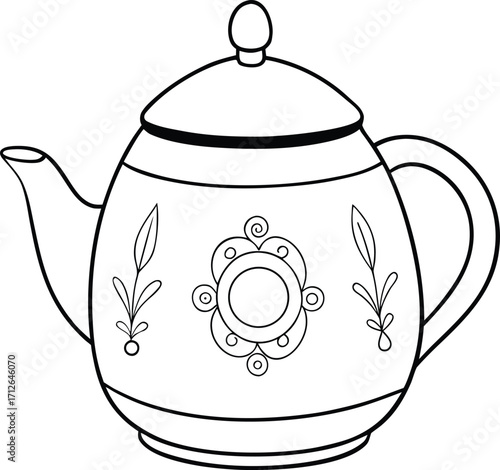 Black and white line art teapot with floral and swirl decoration