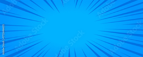 Comic background with blue halftone dots and radial speed motion lines. Vector speed effect for anime posters, stickers, covers, and dynamic graphic designs.