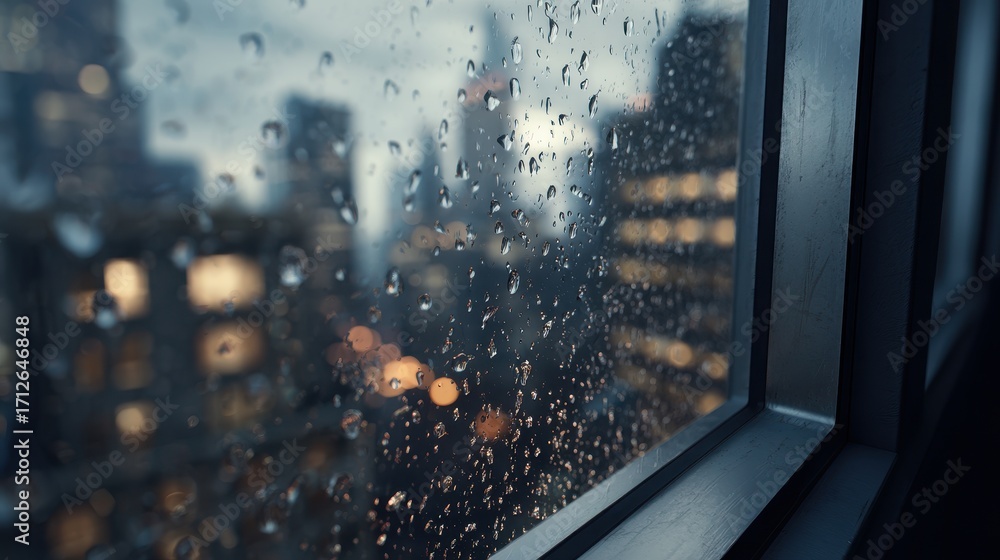 Obraz premium Ultra quality image of close-up view highlights water droplets on sleek aluminum window frames amidst a rainy atmosphere in a city environment.
