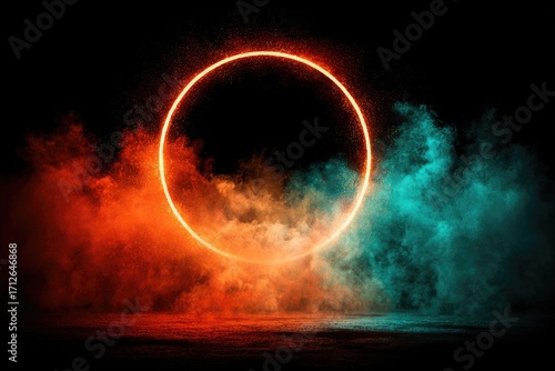 A vibrant, glowing circle framed by orange and teal colored smoke.