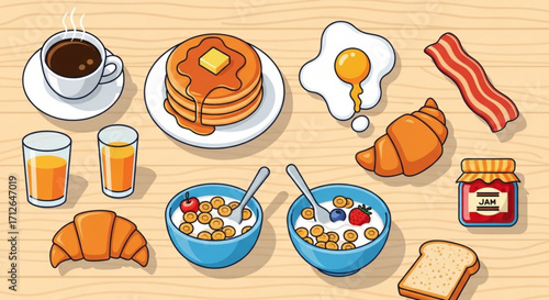 A vibrant cartoon breakfast spread featuring pancakes, eggs, bacon, croissants, cereal, juice, coffee, and jam, perfect for a cheerful morning