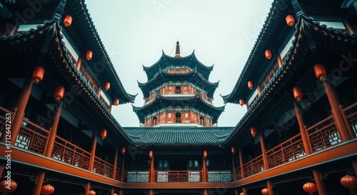 Traditional Chinese Temple Architecture and Courtyard Lanterns