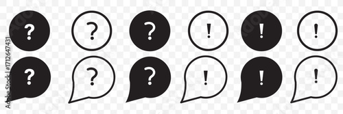 Set of question mark and exclamation mark icons. FAQ signs, help. Help speech bubble sign, vector.