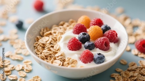 A bowl of yogurt topped with fresh berries and oats, surrounded by scattered oat flakes on a light blue surface.