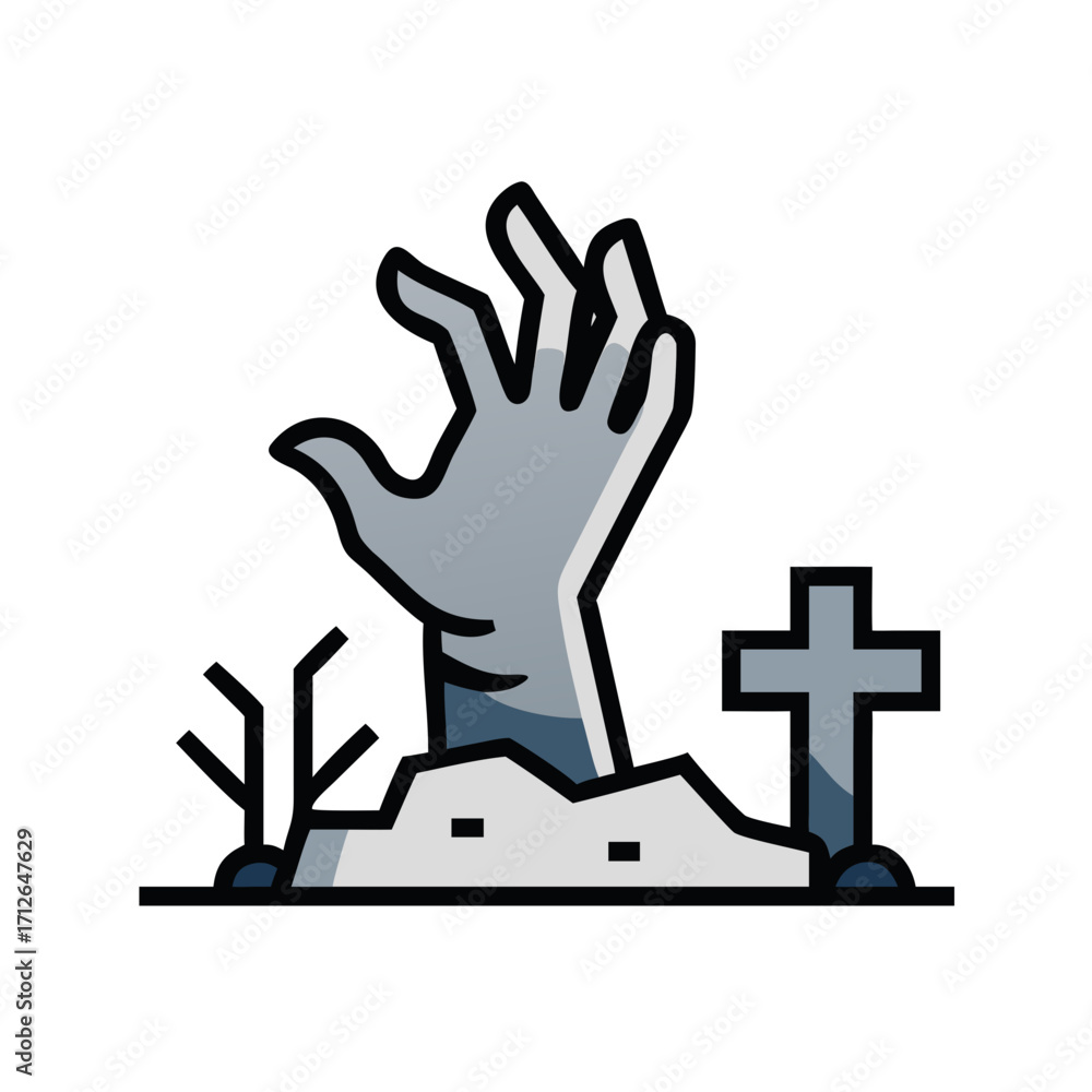 Obraz premium Rise of the Undead: A stylized illustration captures the chilling emergence of a zombie hand from a graveyard, perfectly conveying the haunting atmosphere of a classic horror scene.