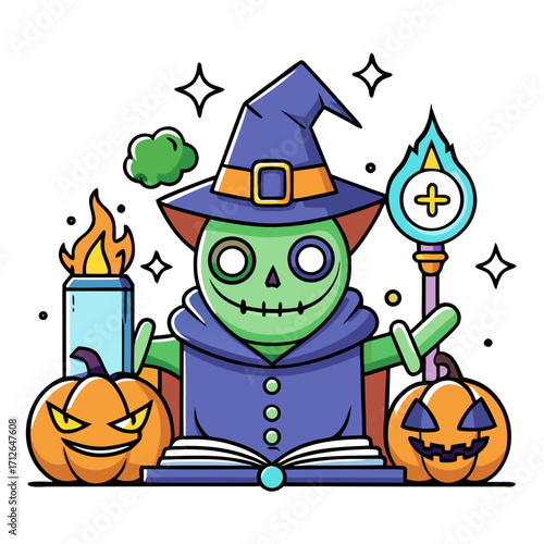 Halloween Wizard's Aura: An enchanting illustration unveils a whimsical green wizard, amidst the spooky allure of pumpkins and spectral charm