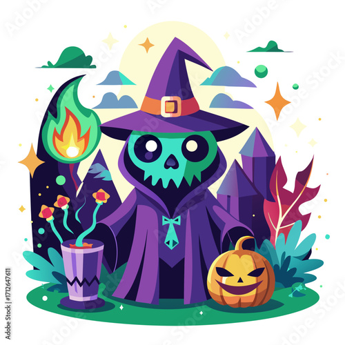 Halloween's Enchanted Scene: An illustration of a charming skeleton wizard, set amidst Halloween elements, embodies the spooky fun of Halloween