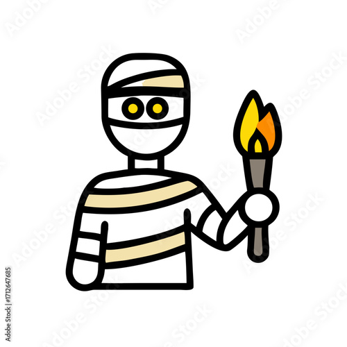 Ancient Guardian's Torch: A stylized illustration depicts an ancient mummy figure clutching a lit torch, set against a backdrop perfect for various creative projects.