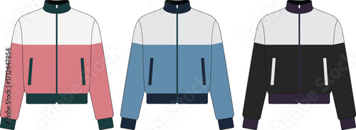 Stylish color block jacket mockup, blank casual track jacket template, customizable vector illustration in three colorways, front view for outerwear and fashion design.