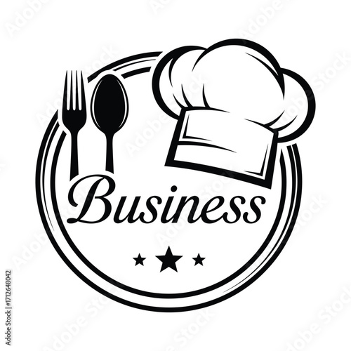 Culinary business logo design with chef hat fork spoon and stars