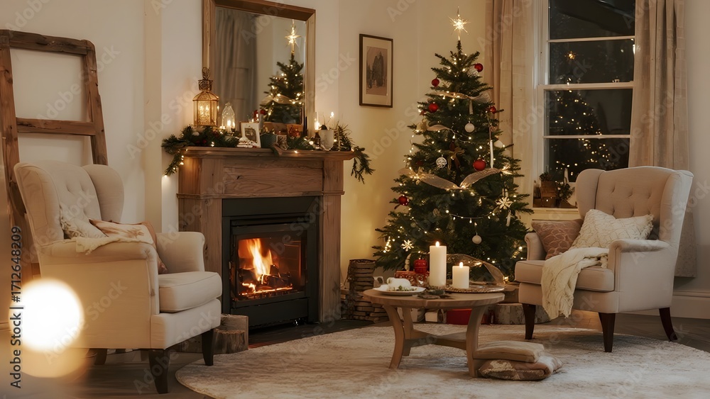 Fototapeta premium Cozy christmas living room with fireplace and decorated tree