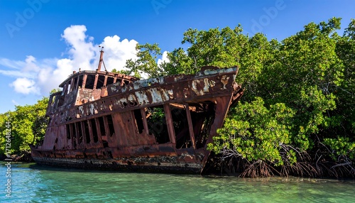 Rusty ship wreck in tropical waters