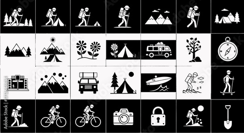 Outdoor Adventure Icons Set  Hiking Camping Travel Nature Exploration and Recreation Activities Vector Illustration