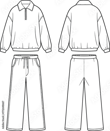 Casual sportswear mockup, quarter-zip sweatshirt and wide-leg sweatpants set, blank loungewear template, front and back view vector for clothing and apparel design.