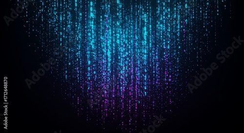 Futuristic Cyberpunk Data Stream: Neon Blue & Purple Digits Raining in Dark Digital Art