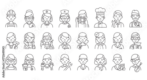 Line Icons Set of Professions and Occupations  Doctor Chef Builder Photographer Scientist Teacher and More