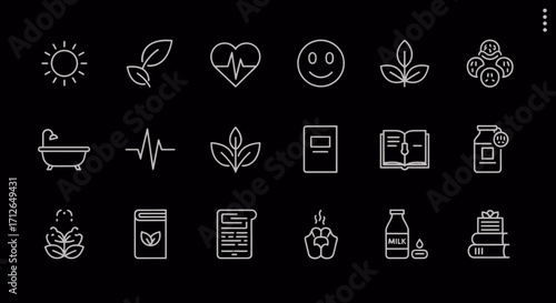 Minimalist Line Icons Set for Health Wellness Food and Lifestyle Concepts on Black Background