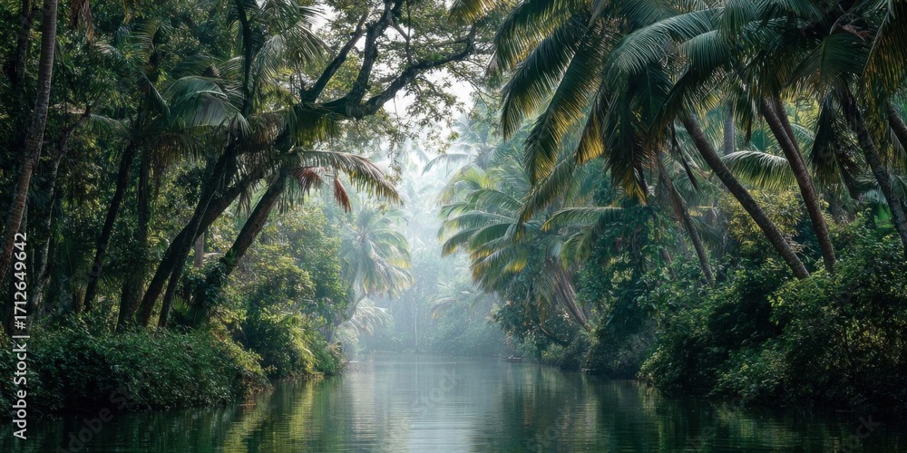 Fototapeta premium Tropical rainforest interior where mist diffuses the light, foliage dripping with water, jungle floor damp