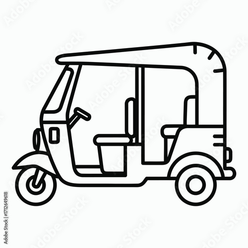 Black outline drawing of a three-wheeled auto rickshaw vehicle three wheeler transportation