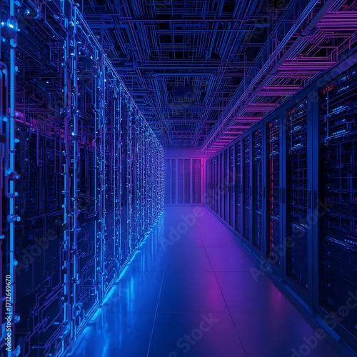 High Tech Server Room Interior with Glowing Blue and Purple Circuit Patterns