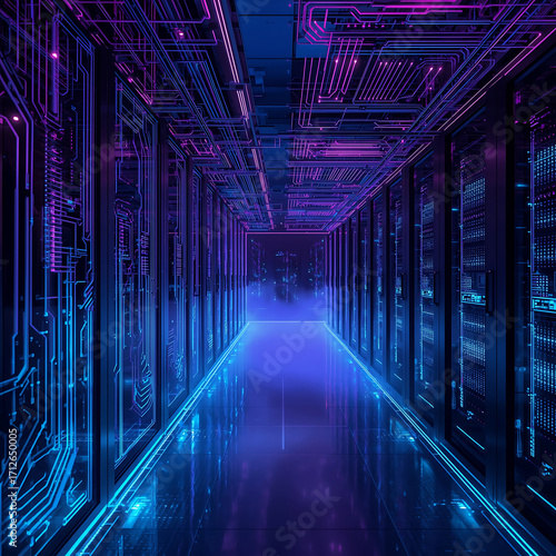 Futuristic Data Center Corridor with Neon Lights and Advanced Server Technology