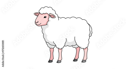 Adorable Cartoon Sheep with Fluffy White Wool and Pink Face