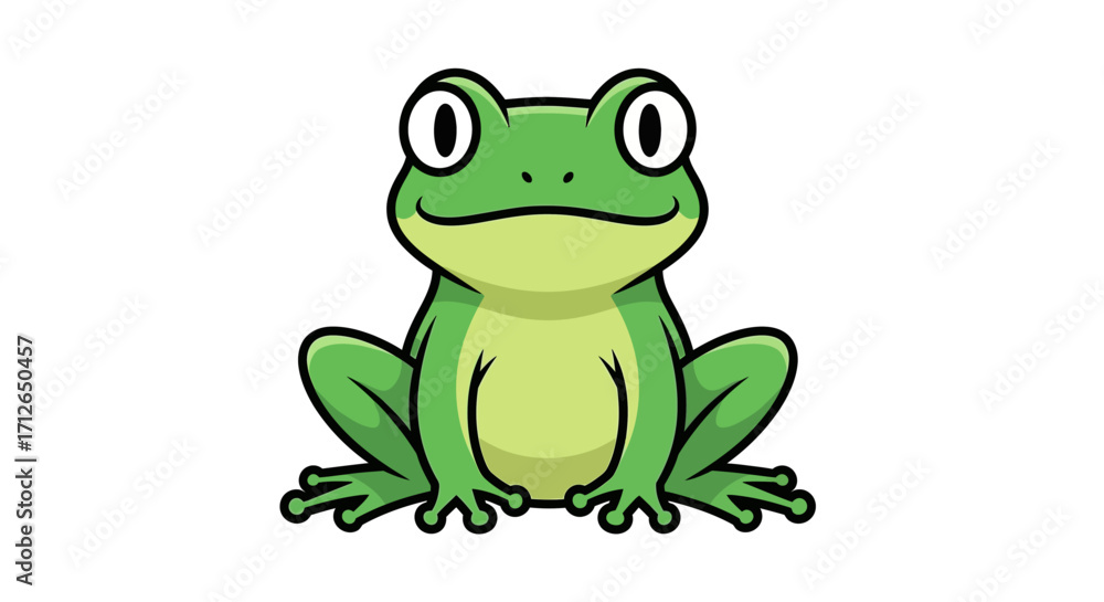 Fototapeta premium Cartoon Frog Sitting, Smiling, Bright Green Color