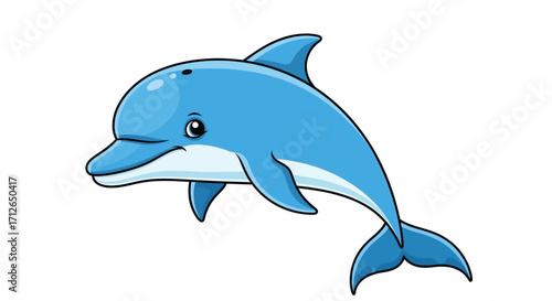 Cartoon Dolphin with Blue Skin and Black Outline, Swimming Pose