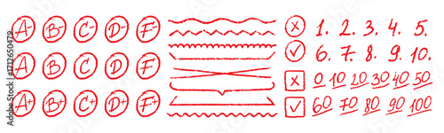 Exam Grade Marks Red Crayon Icons Set. School Score Teachers Handwriting Education Grading Doodle Symbols Collection. Homework Score Hand Drawn Chalk Vector Emphasis Scribble Style Symbols
