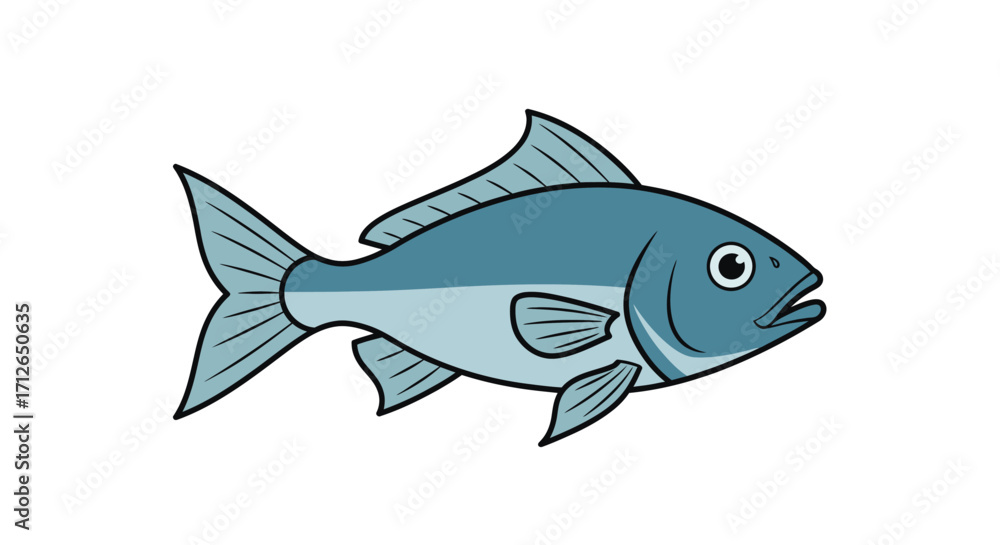 Fototapeta premium Cartoon illustration of a teal-colored fish with defined fins and scales, swimming in profile view.