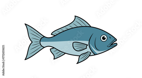 Cartoon illustration of a teal-colored fish with defined fins and scales, swimming in profile view.