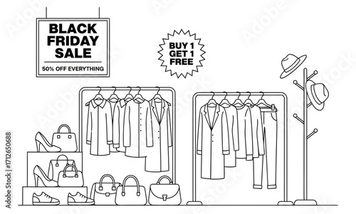 Outline drawing of a clothing shop with garments on racks and accessories for a promotional clearance