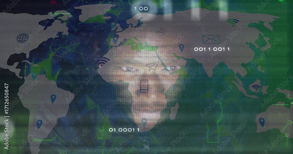 Fototapeta premium Hacker wearing hoodie scanning world map in cyber grid, with binary code, email icons