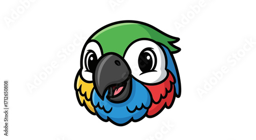 Cartoon Parrot Head with Green, Yellow, Blue, and Red Feathers