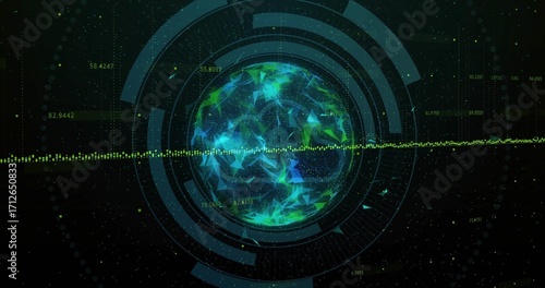 Displaying neon-green low-poly mesh rotating within control interface, with HUD rings and waveform