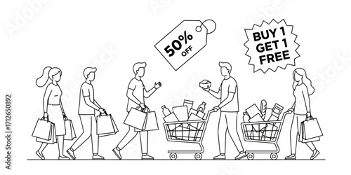 Vector line art illustration of a crowd of shoppers queuing for a big seasonal sale event