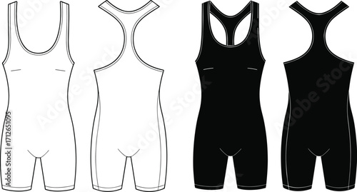 Wrestling singlet fashion mockup, blank one-piece athletic apparel template, customizable vector illustration, front and back view, suitable for sportswear and activewear design.