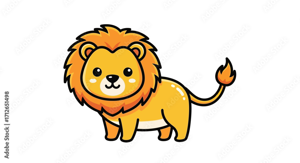 Obraz premium Cute cartoon lion standing, featuring a vibrant orange mane and yellow body with black outlines.