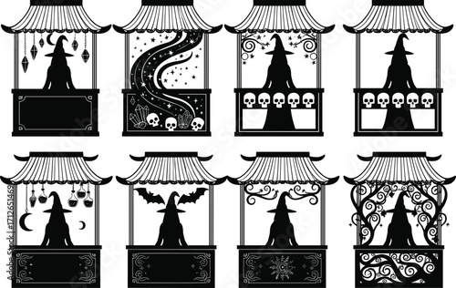 Witch booth silhouette, gothic fantasy illustration, black and white magic art, mystical kiosk, occult decor, spooky Halloween, enchanted design, eerie theme
