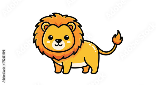 Cute cartoon lion standing, featuring a vibrant orange mane and yellow body with black outlines.