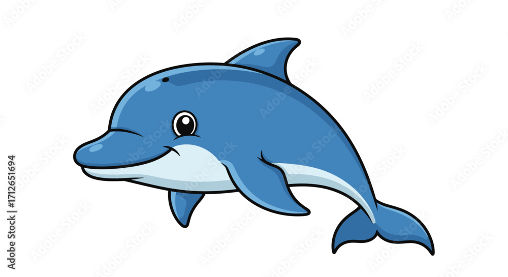 Fototapeta premium Friendly Blue Cartoon Dolphin with Smiling Face and Smooth Vector Illustration Style