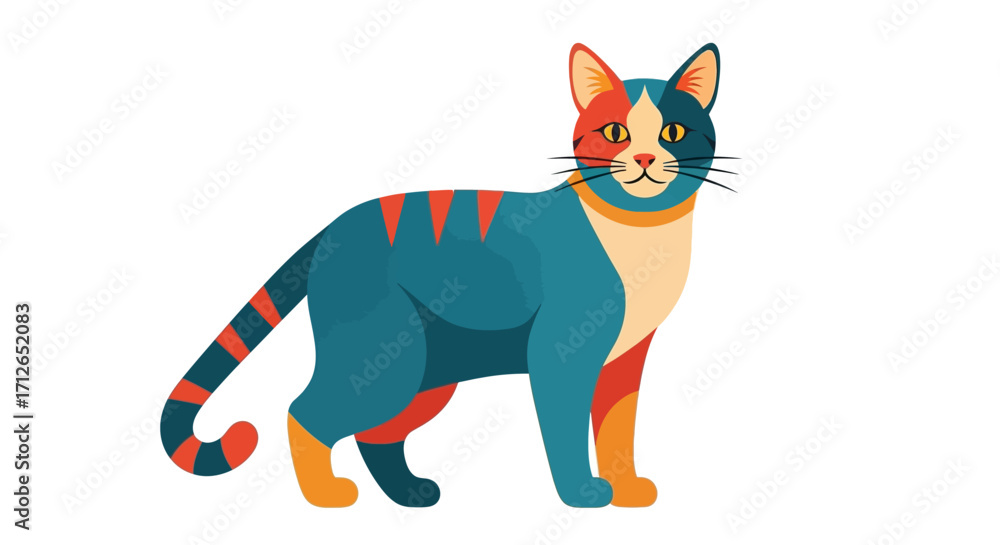 Obraz premium Teal, Orange, and Red Tricolor Cat Illustration, Standing Pose, Bold Stripes