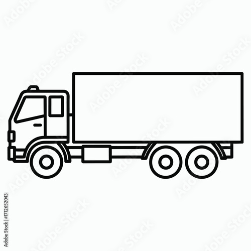 Black outline of a delivery truck with a long cargo box and multiple wheels lorry cargo truck