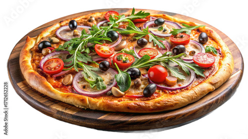 Delicious Italian Pizza with Vegetables and Cheese on Wooden Plate Isolated on White Background