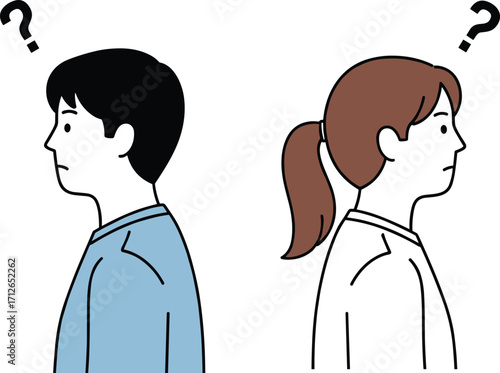 Cartoon man and woman facing away from each other with question marks, misunderstanding and confusion concept, flat minimal vector illustration design