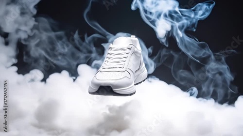A single white sneaker floats in a cloud of white smoke against a dark background