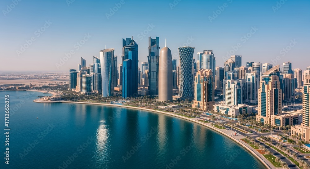 Naklejka premium Stunning Doha Skyline Coastal Cityscape View.