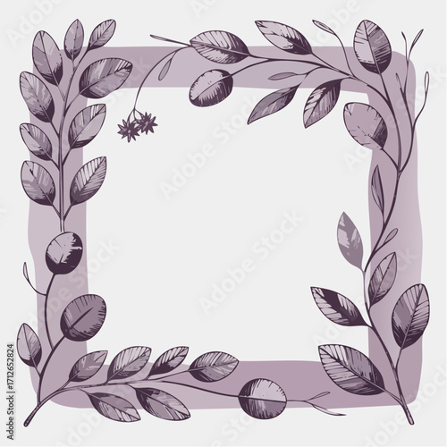 eucalyptus branch and seed pod frame with lilac wash
